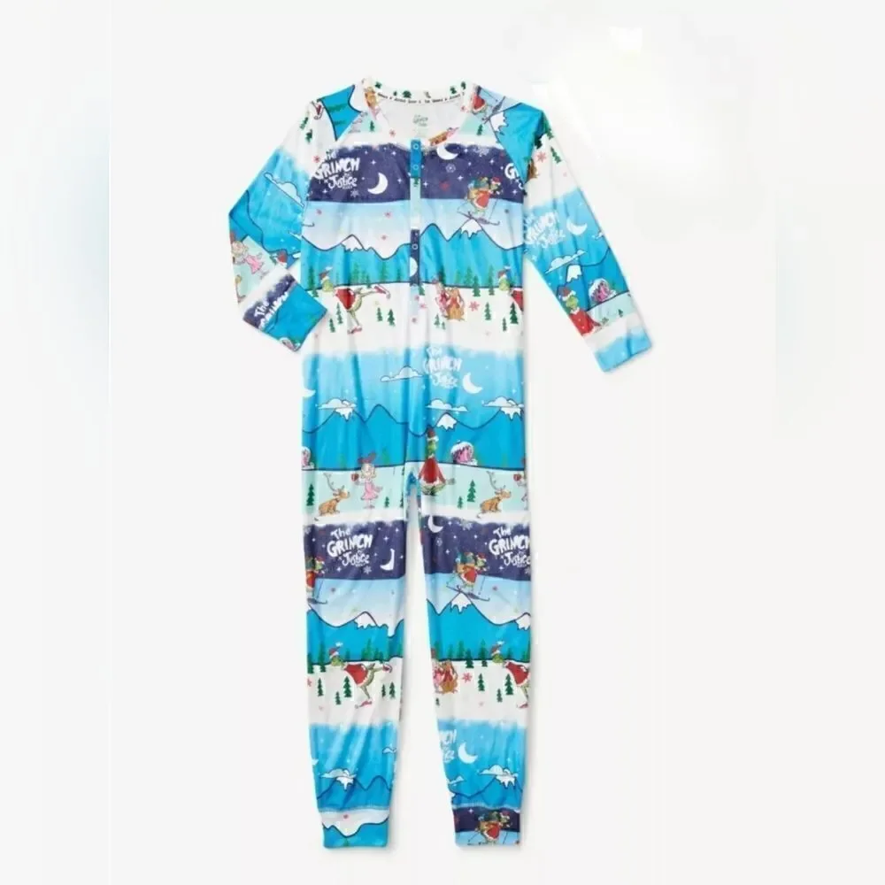 Nwt Justice Christmas Grinch Snow Scene Fairisle Snap Front 1Pc Pajamas, L 12/14